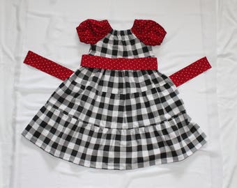 Black Plaid Girls Dress - Red and Black Dress - Toddler Girls Polka Dot Dress - Peasant Dress with Sash - Red Polka Dot Dress - Size 4