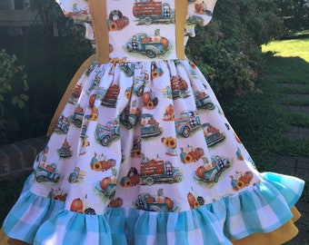 Girls Autumn Dress - Pumpkins and Old Trucks - Girls Pinafore - Thanksgiving Dress - Made to Order