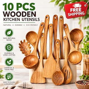 May include: A set of 10 wooden kitchen utensils including various spoons, spatulas, and a pasta fork, all featuring a natural light brown wood grain finish. The utensils are arranged upright in a rectangular wooden holder for organized storage.