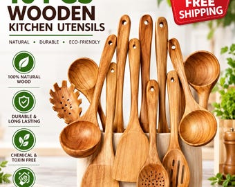 May include: A set of 10 wooden kitchen utensils including various spoons, spatulas, and a pasta fork, all featuring a natural light brown wood grain finish. The utensils are arranged upright in a rectangular wooden holder for organized storage.