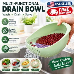 May include: A light green multi-functional drain bowl featuring a side handle and integrated drainage holes. The bowl is shown filled with water and red beans, demonstrating its use for washing and straining food items in a kitchen sink.