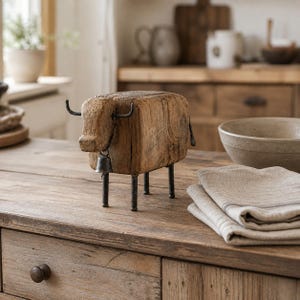 May include: A decorative figurine shaped like a bull, crafted from a block of textured brown wood. It features thin, dark metal rods for legs, curved metal horns, and a small metal bell hanging from a wire around its neck, creating a rustic appearance.