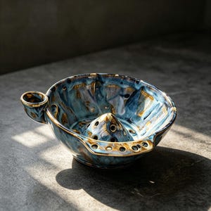 May include: A ceramic citrus juicer featuring a marbled blue and gold glaze. The bowl has a central conical reamer with drainage holes, a small side handle, and a rim with a series of small circular perforations for straining juice and seeds.