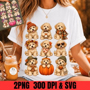 May include: A white t-shirt featuring a graphic print of nine golden doodle puppies in various autumn-themed outfits and poses, including wearing hats, scarves, and holding pumpkins, coffee cups, and pretzels, arranged in a three-by-three grid.