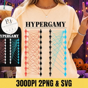 May include: A light yellow t-shirt featuring the text HYPERGAMY in black, with a graphic diagram below showing two columns of stick figures connected by red and blue lines, illustrating social dynamics with gender-neutral icons and arrows.