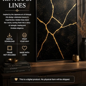 Pode incluir: Uma impressão de arte digital para parede intitulada KINTSUGI LINES, apresentando um fundo preto texturizado com linhas douradas que se cruzam. A imagem inclui descrições de texto sobre o download digital e as especificações dos arquivos.