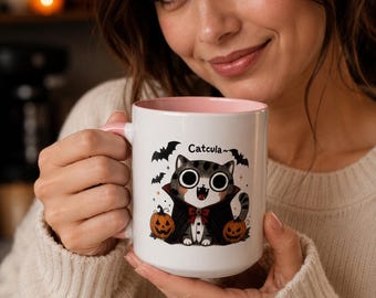 Cute Vampire Cat Coffee Mug, Catcula Halloween Mug, Spooky Cat Lover Gift, Fall Accent Mug 11oz 15oz