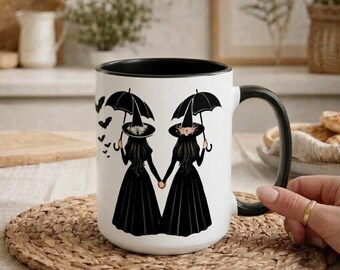 Gothic Witch Couple Mug, Halloween Coffee Cup, Spooky Witch Ceramic Mug, Gift for Witch Lovers 11oz 15oz