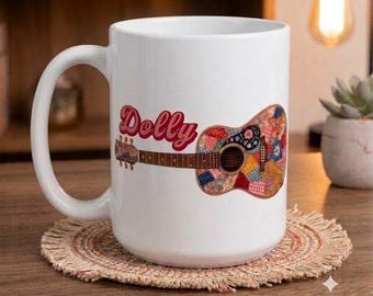 Dolly Parton Tribute Mug, Patchwork Guitar Design, Fan Gift, 11oz 15oz