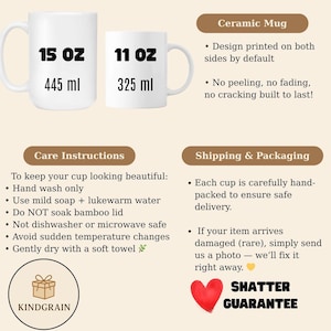 May include: Two white ceramic mugs with handles, one labeled 15 oz (445 ml) and the other 11 oz (325 ml). Text includes Ceramic Mug, Care Instructions, and Shipping & Packaging details. A circular logo with a gift box icon and the text KINDGRAIN is visible.