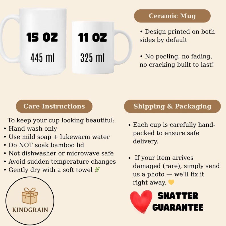 May include: Two white ceramic mugs with handles, one labeled 15 oz (445 ml) and the other 11 oz (325 ml). Text includes Ceramic Mug, Care Instructions, and Shipping & Packaging details. A circular logo with a gift box icon and the text KINDGRAIN is visible.