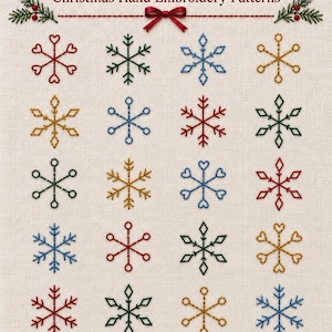 May include: A collection of 20 mini snowflake hand embroidery patterns featuring red, green, blue, and gold stitched designs on a light fabric background. The text reads 20 Mini Snowflakes Christmas Hand Embroidery Patterns.