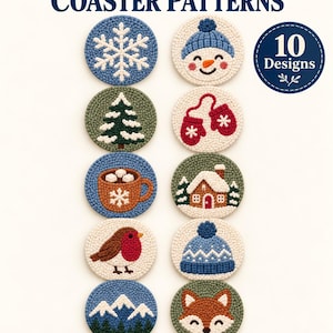 Könnte beinhalten: Zehn runde Punch-Needle-Untersetzermuster mit Wintermotiven wie Schneeflocke, Schneemann, Tanne, Fäustlinge, Kakaotasse, Haus, Vogel, Mütze, Berge und Fuchs. Text: Winter Punch Needle Coaster Patterns, 10 Designs, 8.5 cm, Printable Templates, Digital Download.