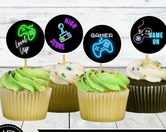 Cupcake Toppers for a Video Game Party - Printable Video Game Party Decorations - Neon Glow Party Table Confetti - VIDGLOW1