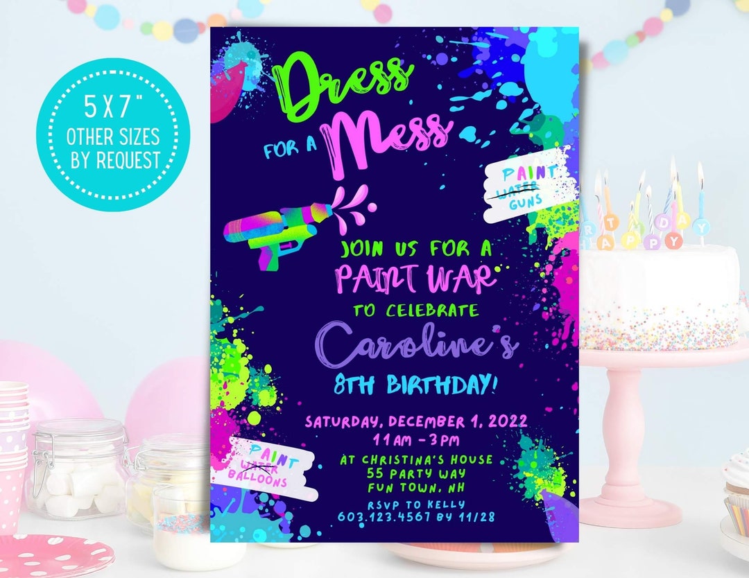 Paint War Party Invitation, Paint Filled Water Balloons Fight, Paint