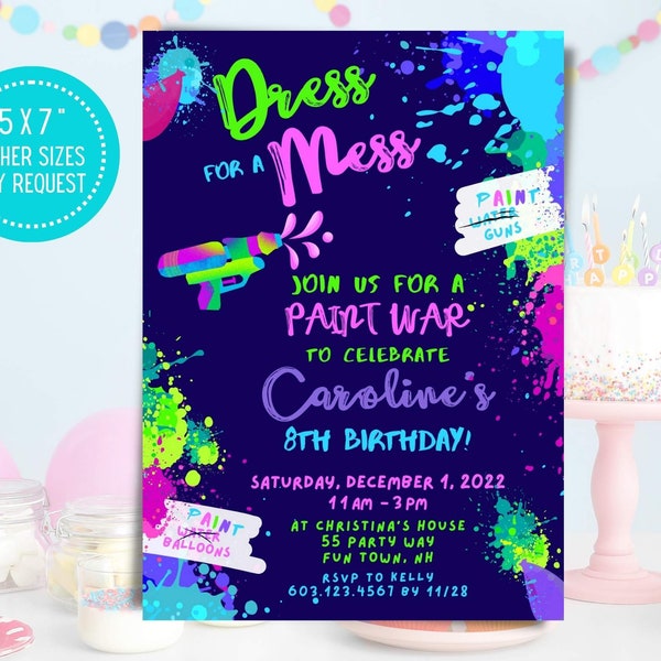 Paint War Party Invitation, Paint Filled Water Balloons Fight, Paint Gun Party, Dress for a Mess Paint Party Invite, Printable - PAINTWAR1