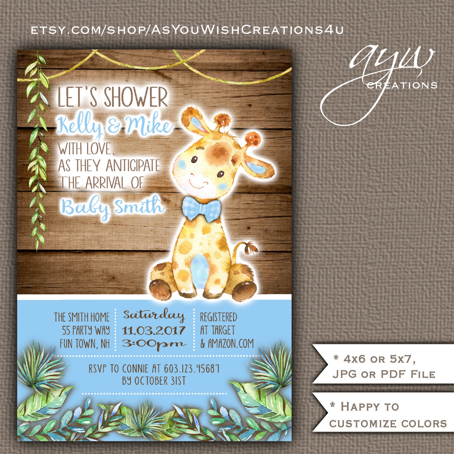 Giraffe Baby Shower Invitation Boy Printable Digital File Etsy