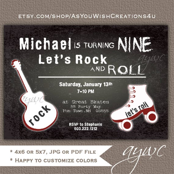 Rollerskating Birthday Invitation Printable Rock and Roll Guitar Invitations Rollerskating Party