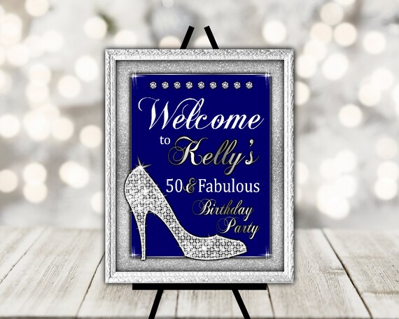 Welcome Sign for a Woman's Birthday Party - High Heels Welcome Sign in Navy and Silver - Woman's Birthday Party Welcome Sign - Bling Glam Il_570xn