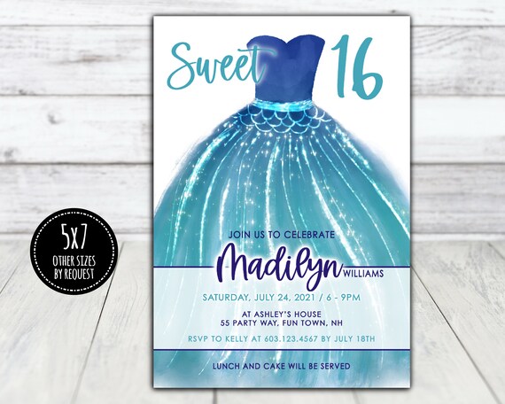 Sweet 16 Birthday Invitation - Sweet Sixteen Birthday Party Invite - Mermaid Dress - Watercolor Dress - Printable Invitation Il_570xn
