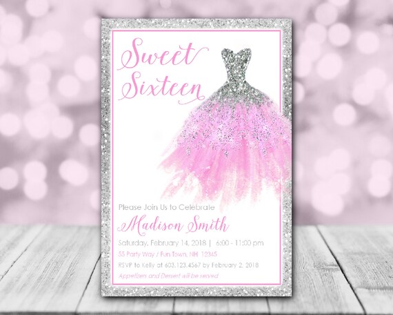 Sweet Sixteen Birthday Party Invitations - Pink and Silver Dress - Sweet 16 Birthday Invites - Printable Invitation - SWEET3 Il_570xn