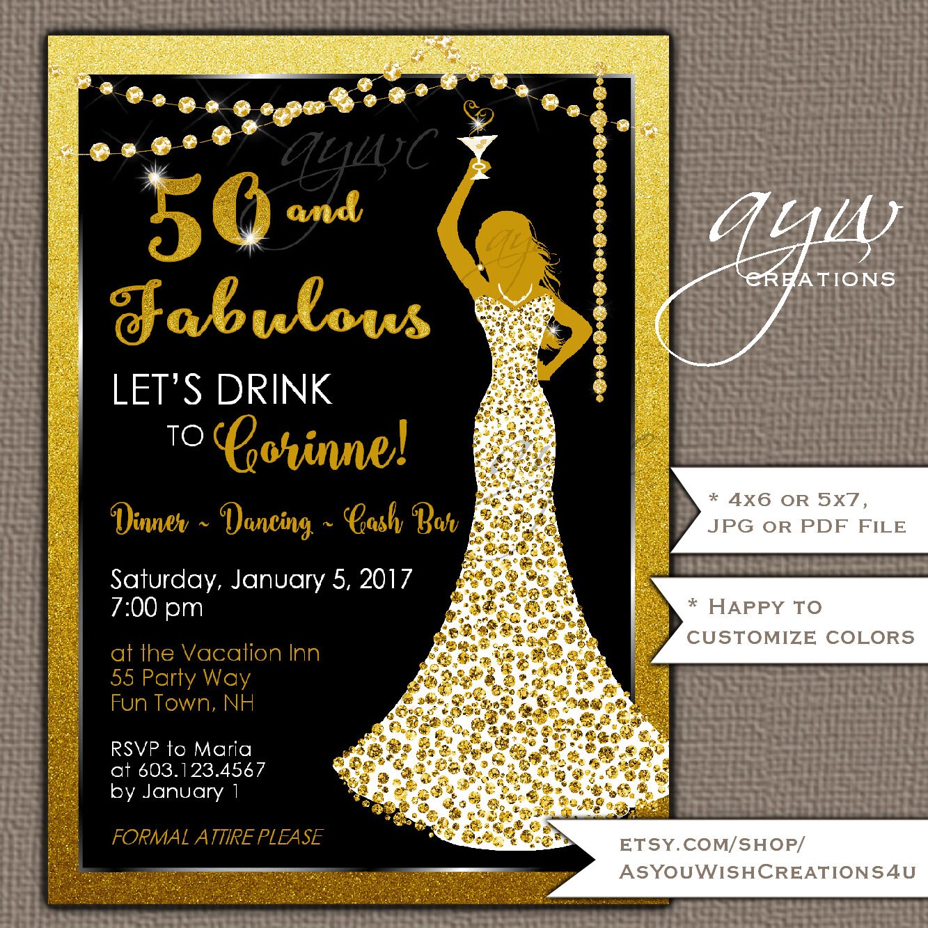 50th Birthday Party Invitations Woman Bling Dress 40th Womans 50th Birthday Party Invitations Woman Bling Dress 40th Womans
