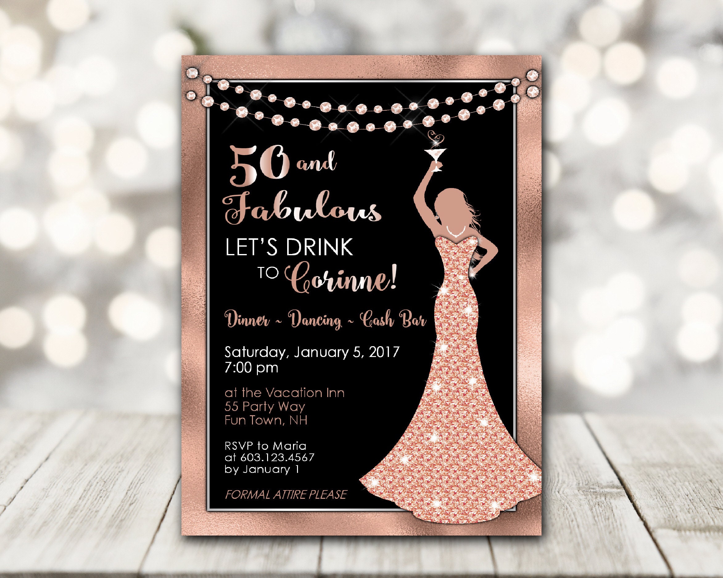 50th Birthday Party Invitation For Woman In Rose Gold Etsy