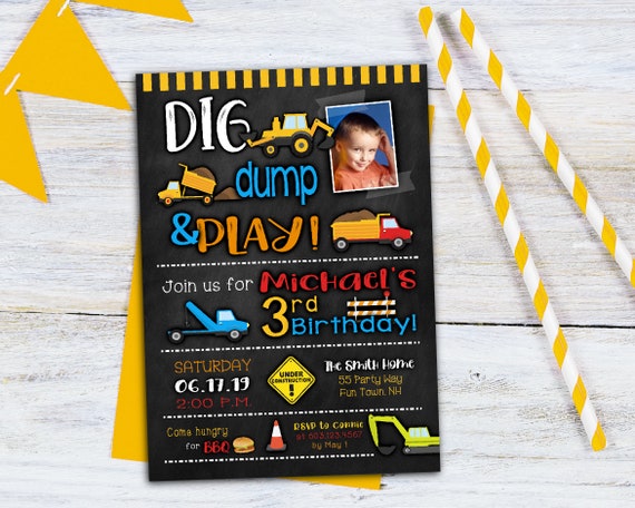 Construction Birthday Party Invitation Boy or Girl - Construction Vehicles Invite on Chalkboard - Printable - 2nd Birthday, 3rd, 4th, 5th Il_570xn
