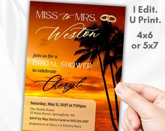 Tropical Bridal Shower Invitation Wedding Shower Invite Miss to Mrs Bridal Party Invitation Printable Invitation Tropical Paradise Party