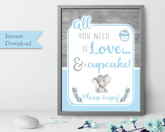 All You Need is Love and a Cupcake Sign, Elephant Baby Shower Decorations Boy, DOWNLOAD, Matching Printable Decoration Baby Shower, ESJMB1 Il_570xn