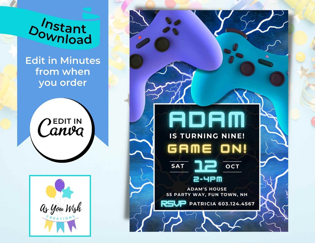Video Game Invitation Editable Template Game on Party Invitation Gaming ...