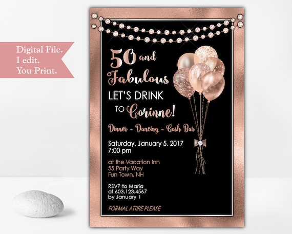 50th Birthday Party Invitation for Woman in Rose Gold - Elegant Balloons Party Invite - Printable Digital File Il_570xn