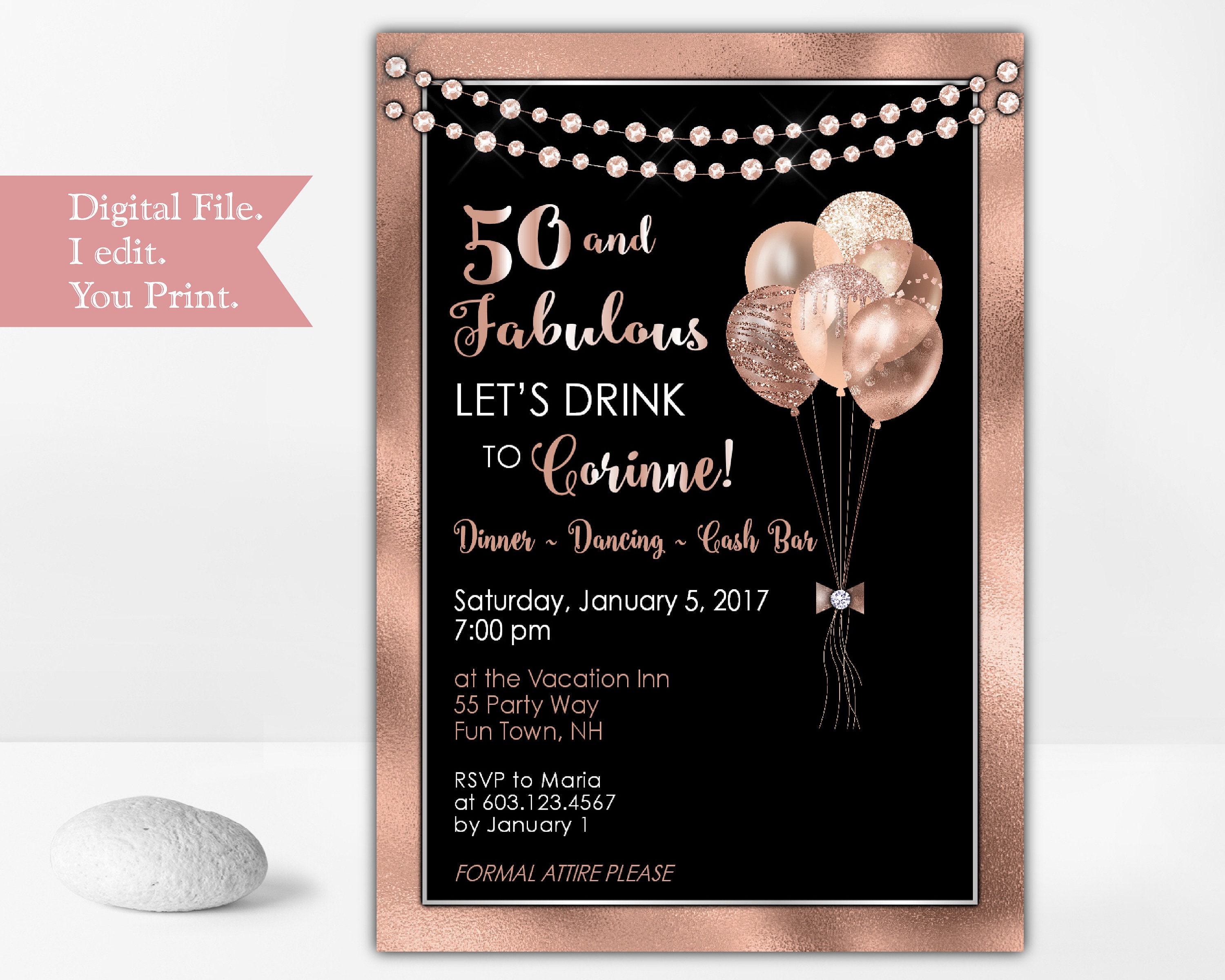 50th Birthday Party Invitation for Woman in Rose Gold