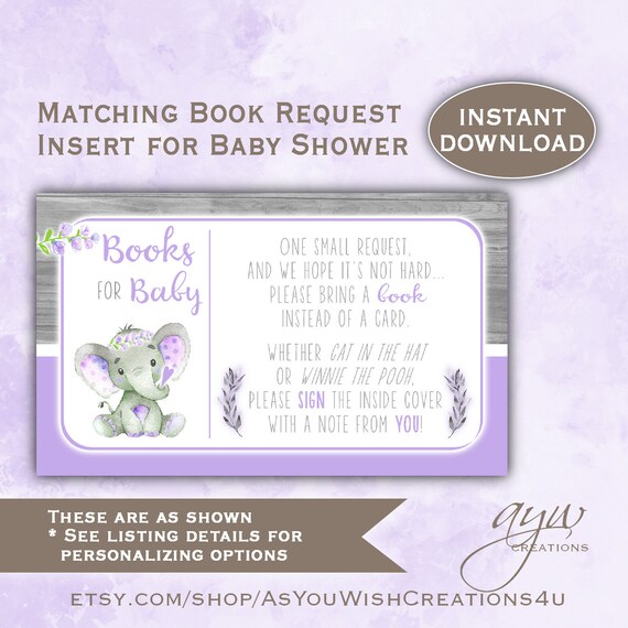Bring a Book Instead of a Card Insert for Elephant Baby Shower Decor Girl - Download - Printable Matching Book Request Insert Girl - ESJPUR Il_570xn