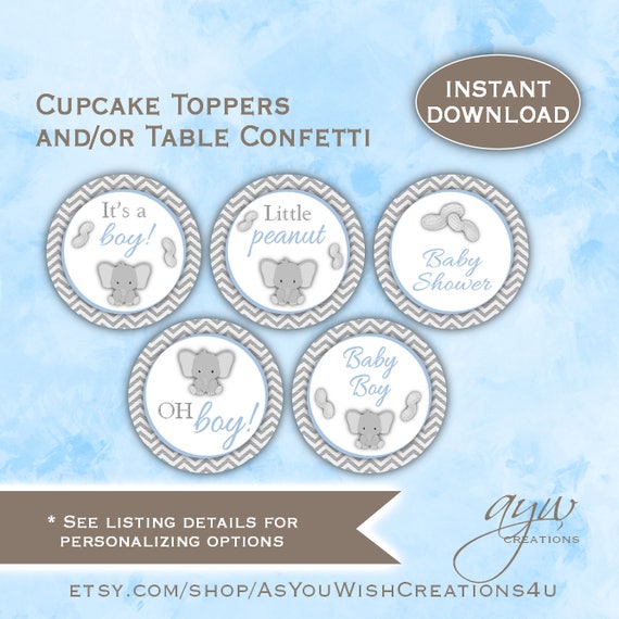 Cupcake Toppers for Baby Shower, Elephant Baby Shower Decorations Boy, DOWNLOAD, Printable Decoration for Little Peanut Baby Shower, ELPS1 Il_570xn