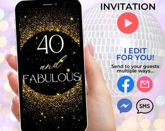 Video Invitation Woman Birthday Party Woman 40th Birthday Invitation Animated 40 and Fabulous Video Invite Woman Party Invitation Glitter