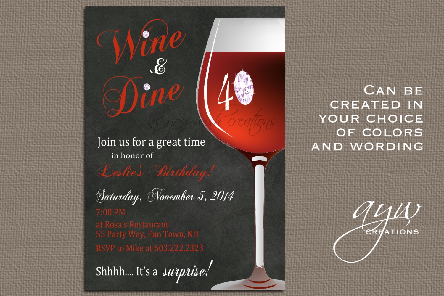 Wine and Dine 40th Birthday Party Invitation for the Woman Who Etsy