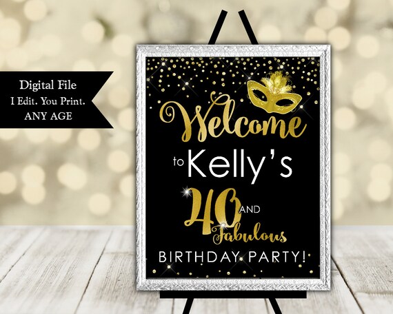 Welcome Sign for a Woman's Masquerade Party - 40 and Fabulous Welcome Sign with Sparkling Diamonds - Printable File Il_570xn