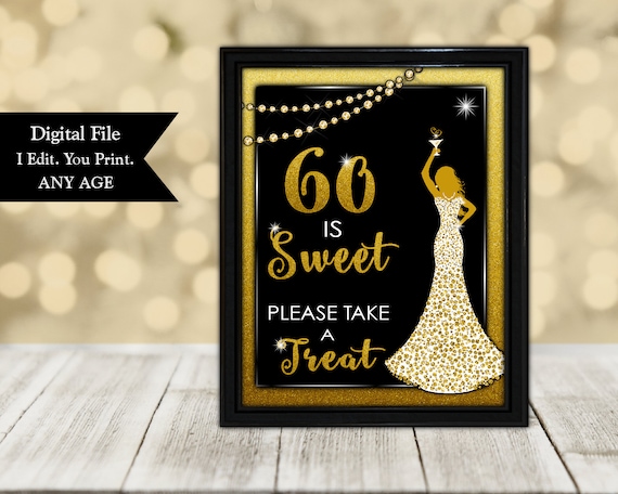 60 Is Sweet Please Take a Treat Sign for Womans Birthday Party, 60th Birthday Party Decor, 60 and Sensational Party Decor Printable, DRESS60 Il_570xn