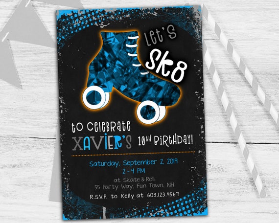 Rollerskating Birthday Party Invitation Boy - Grunge Rollerskating Invite on Chalkboard - Let's Sk8 Party - Printable - Black and Blue Il_570xn