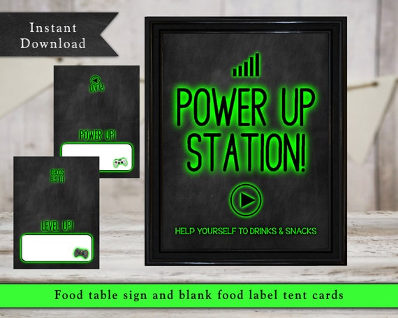 Food Table Sign and Food Labels for Video Game Birthday Party - Printable for a Neon Glow Party - Power Up Station - Chalkboard - VIDEO1 Il_570xn