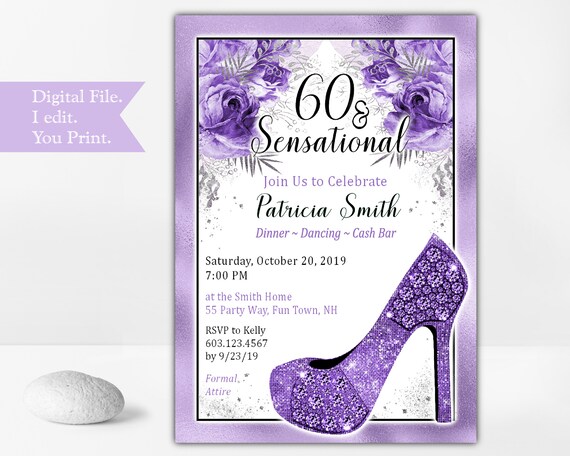 60th Birthday Party Invitation for a Woman in Lavender and Silver- High Heels, Round Toe Stiletto Party Invite, Floral Invitation, Printable Il_570xn