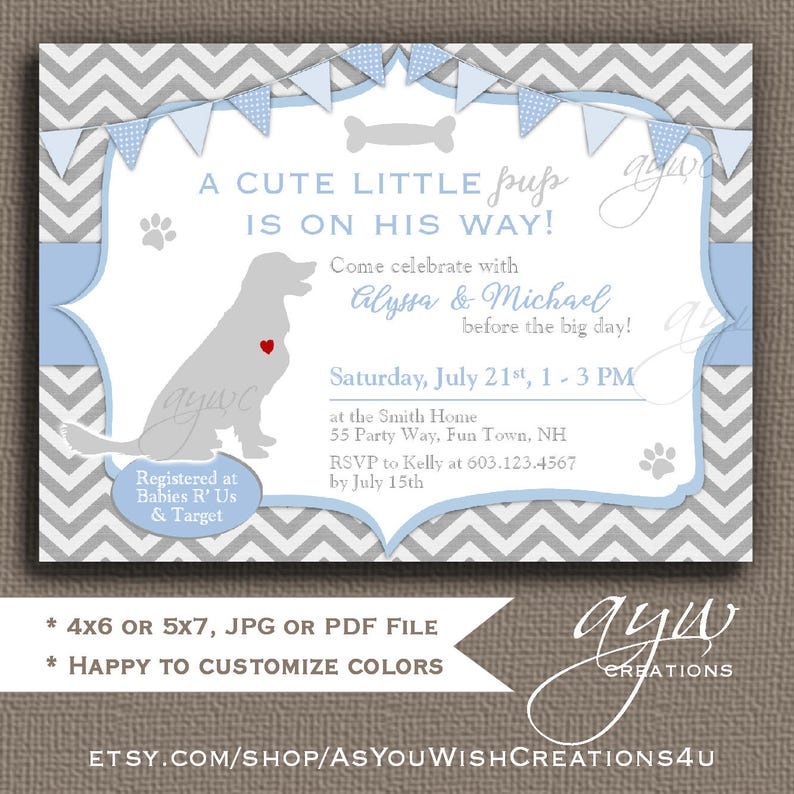 Dog Baby Shower Invitation Boy Golden Retriever Printable Digital File Personalized For You Chevron Background Dog Baby Shower Invitation Boy Golden Retriever Printable Digital File Personalized For You Chevron Background