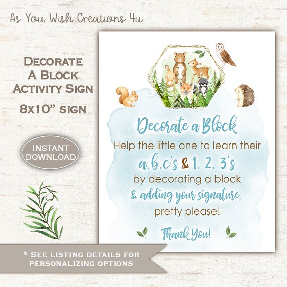 Woodland Baby Shower Decorate a Baby Block Activity and Sign for Boy - Printable Instant DOWNLOAD - WDLND4 Il_570xn