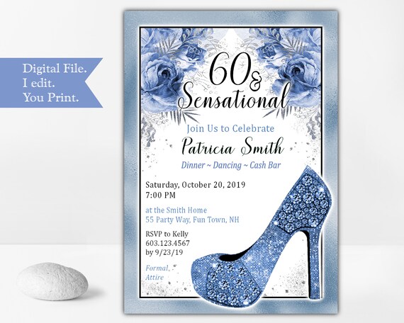50th Birthday Party Invitation for a Woman in Classic Blue and Silver - Round Toe Stiletto Heel Party Invite - Floral Invitation - Printable Il_570xn