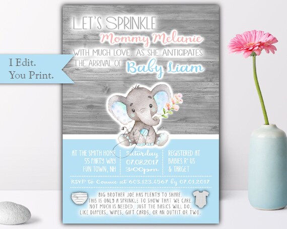 Elephant Baby Sprinkle Invitation Boy - Printable Invitation - Blue and Gray on Rustic Wood - Elegant and Classy Baby Shower Invite Boy Il_570xn