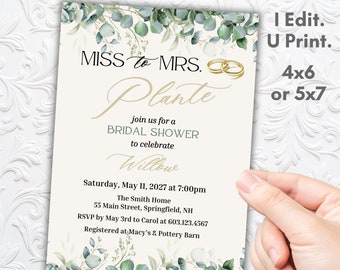 Miss to Mrs Bridal Shower Invitation Wedding Shower Invite Greenery Invitation Wedding Party Summer Hen Night Party Invitation Printable