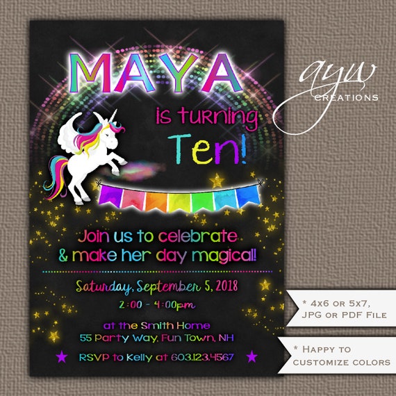 unicorn birthday party invitation girl 10th birthday invitation