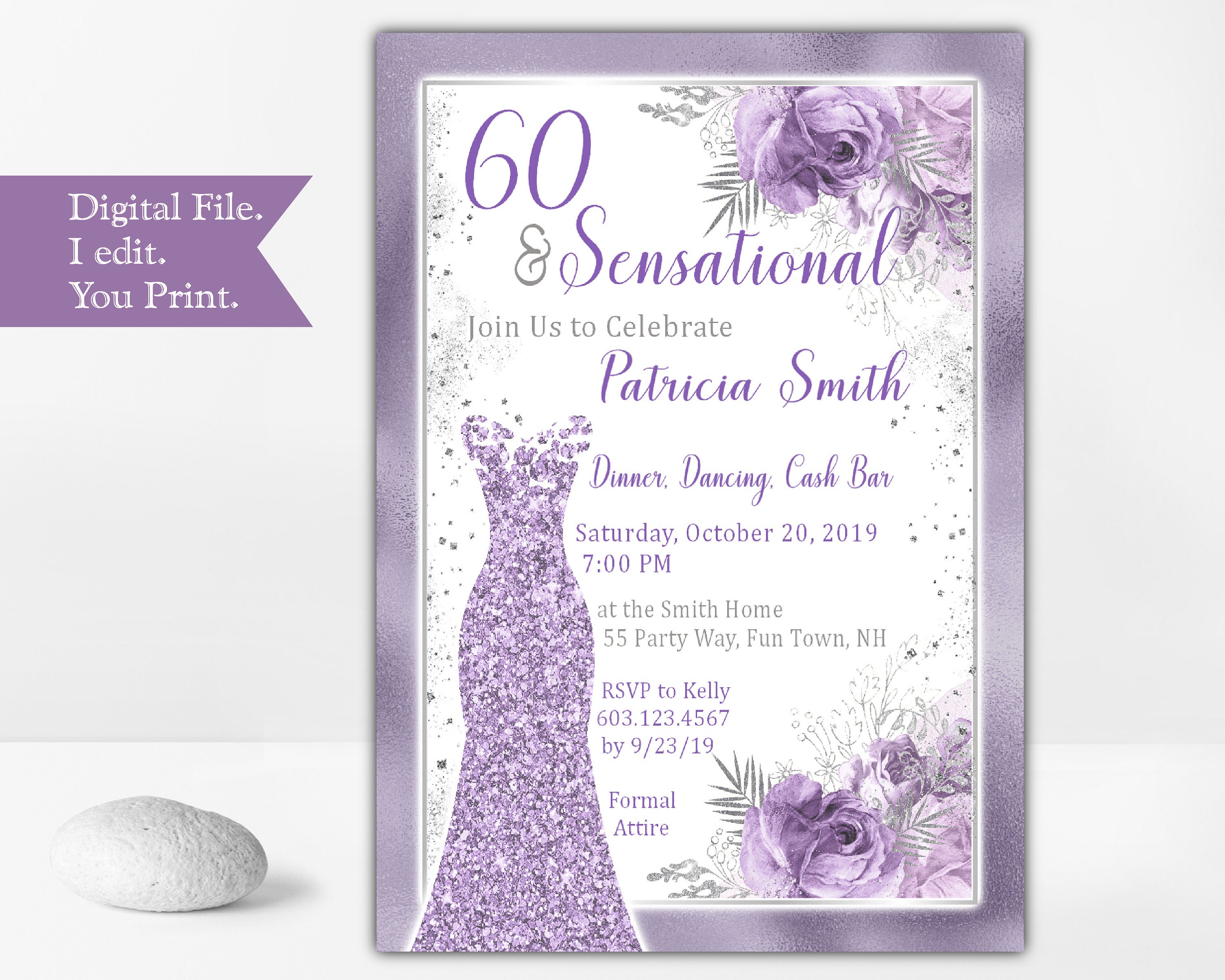 60th Surprise Birthday Invitation; Floral Birthday Invite Elegant and