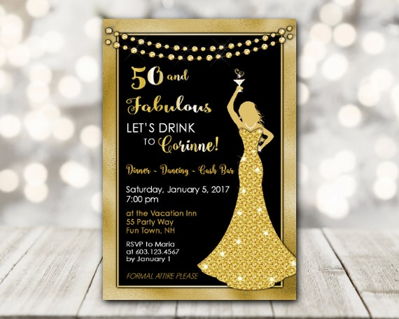 Invitación de cumpleaños número 50 - Invitación de cumpleaños negro y  dorado - Ideas de invitación de cumpleaños para mujer y hombre adultos - 20